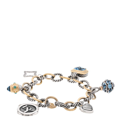 David Yurman Sterling Silver 18K Yellow Gold Diamond Blue Topaz Turquoise 25th Anniversary Charm Bracelet 2 of 4