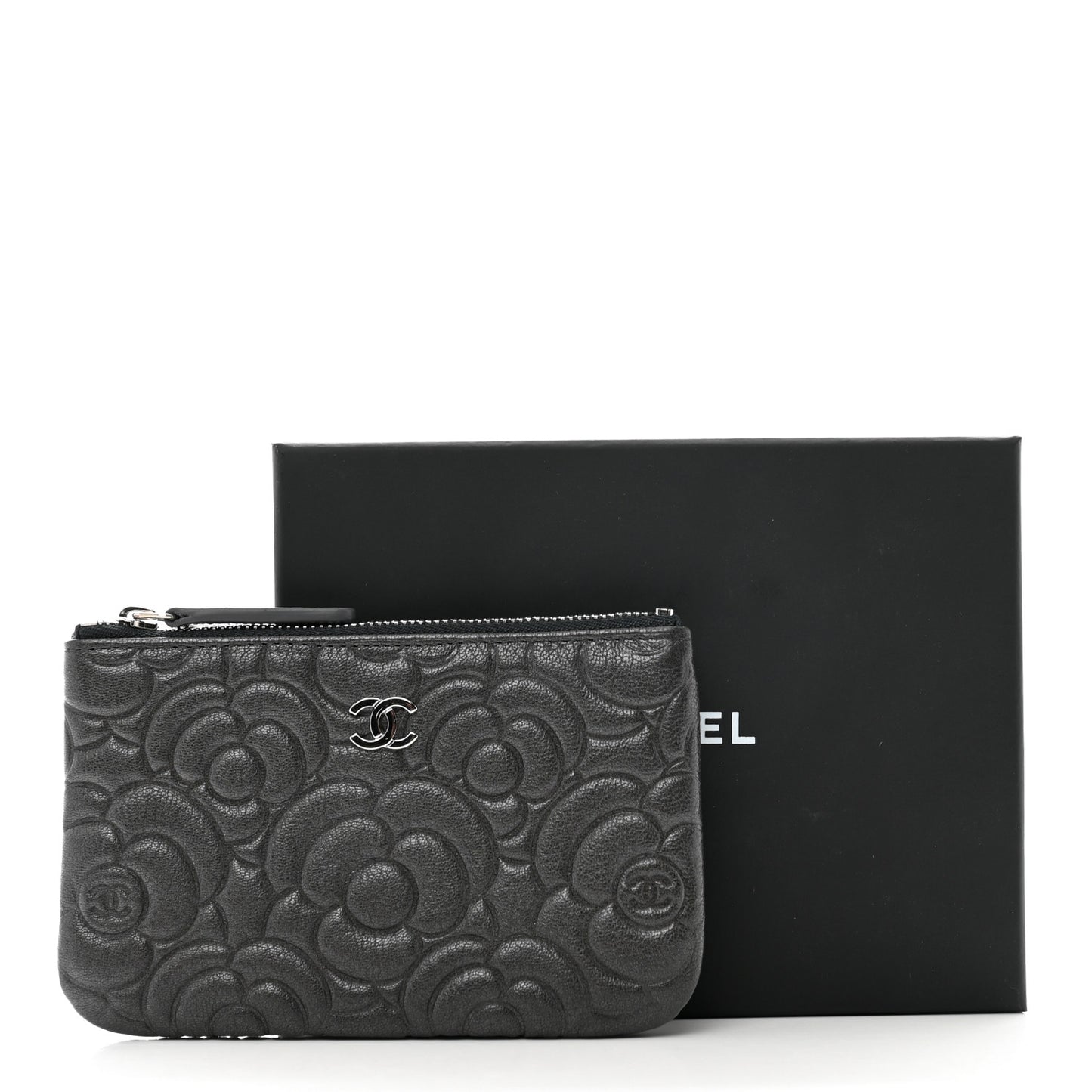 Goatskin Camellia Embossed Cosmetic Pouch Anthracite