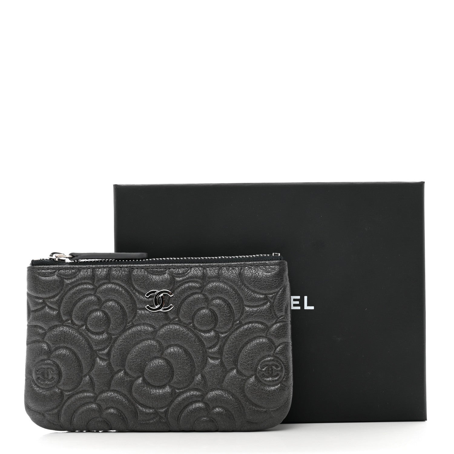 Chanel Goatskin Camellia Embossed Cosmetic Pouch Anthracite 8 of 8