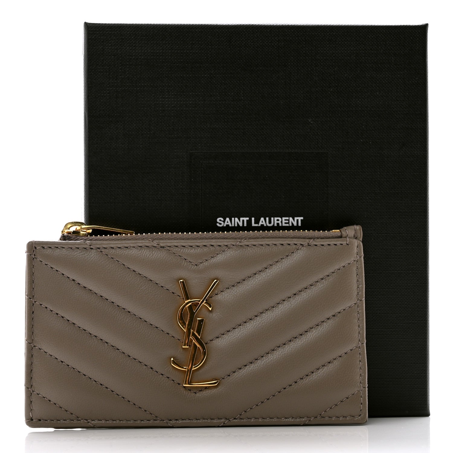 Saint Laurent Calfskin Matelasse Chevron Monogram Fragments Zippered Card Case Greyish Brown 8 of 8
