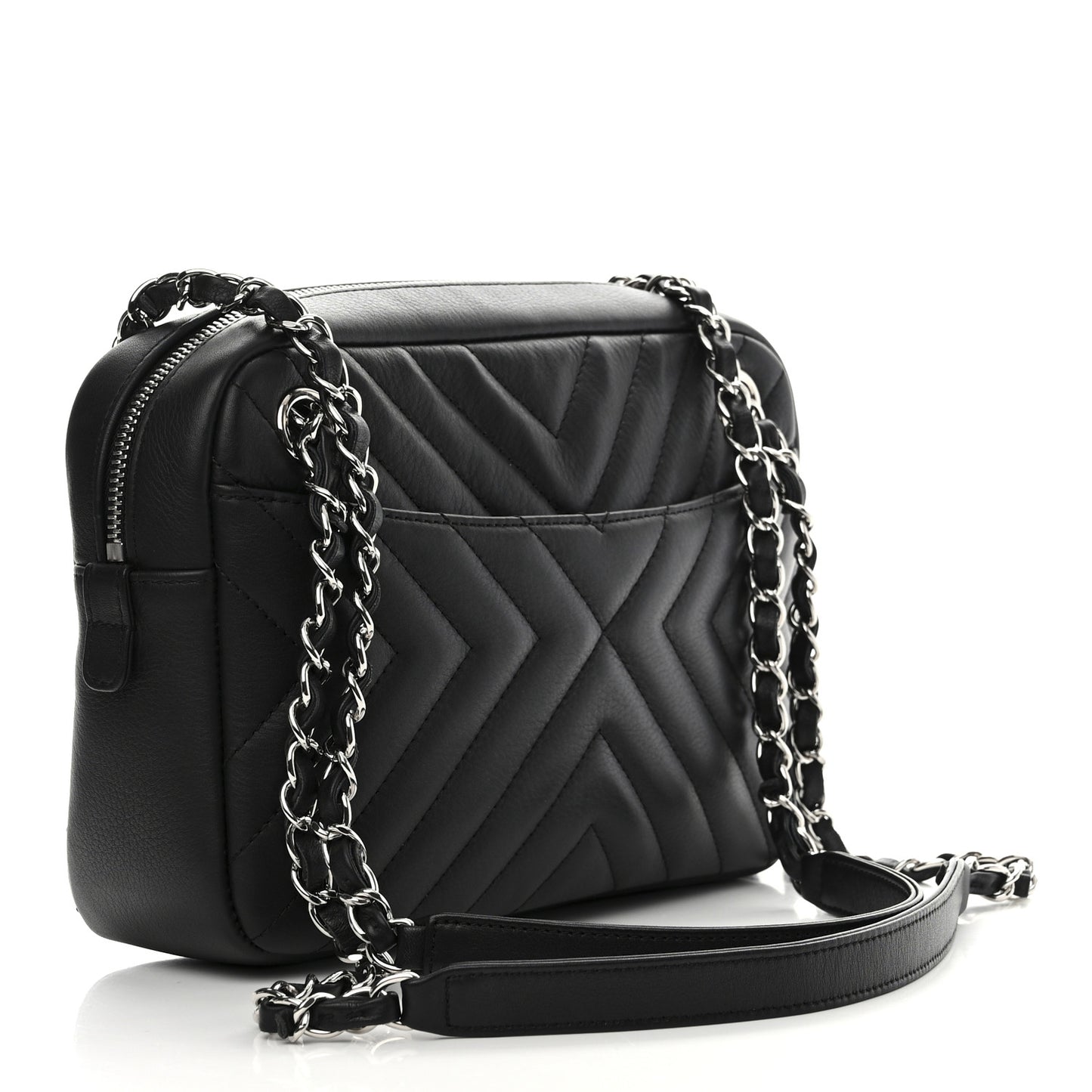 Calfskin Diagonal Chevron Quilted Tassel Camera Case Black