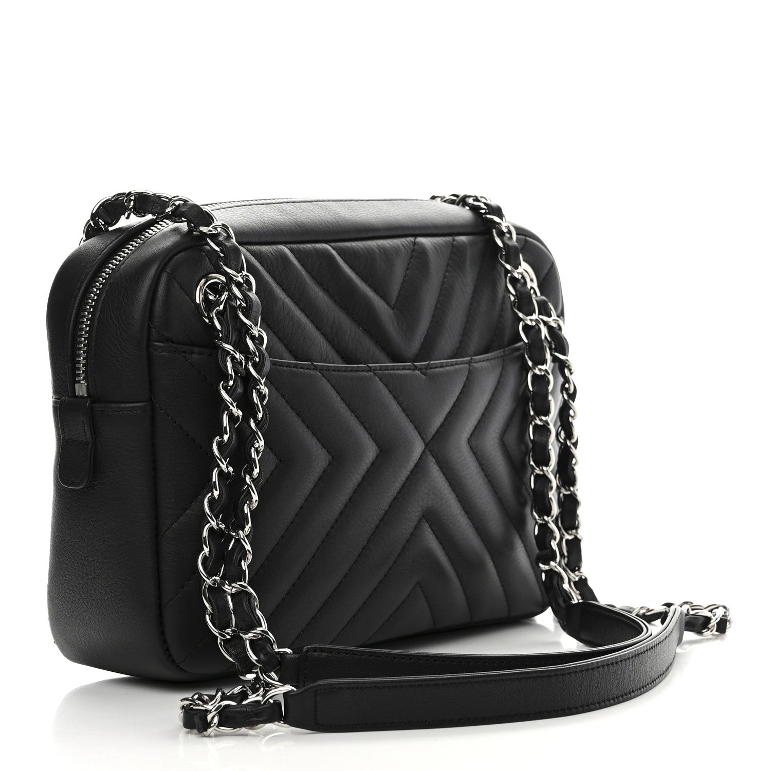 Chanel Calfskin Diagonal Chevron Quilted Tassel Camera Case Black 3 of 12