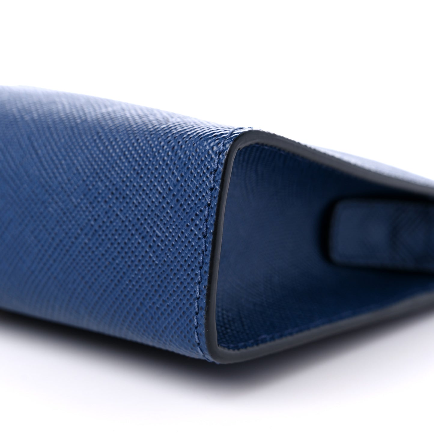 Saffiano Cuir Triangle Logo Embossed Wristlet Pouch Bluette