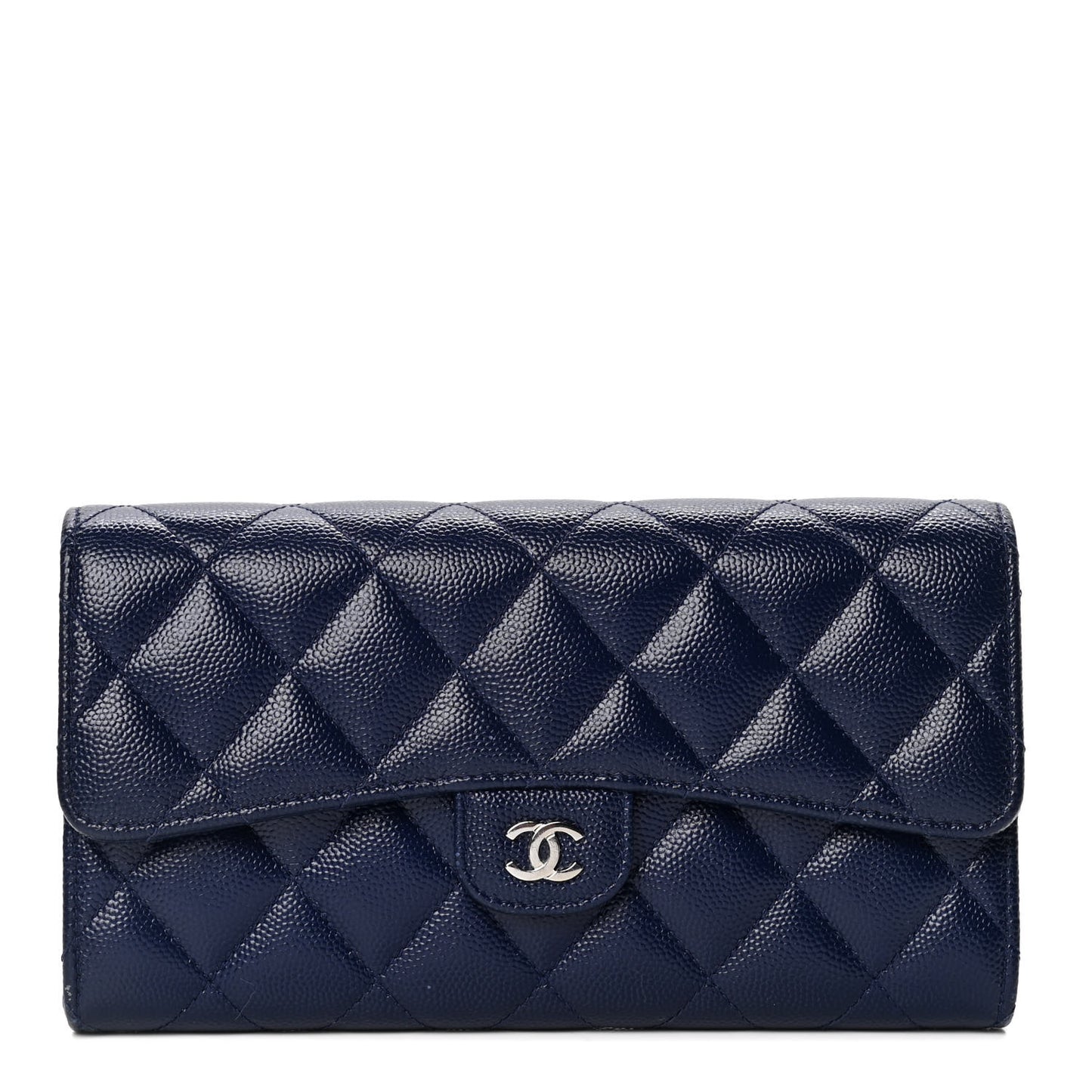 Caviar Quilted Large Gusset Flap Wallet Navy