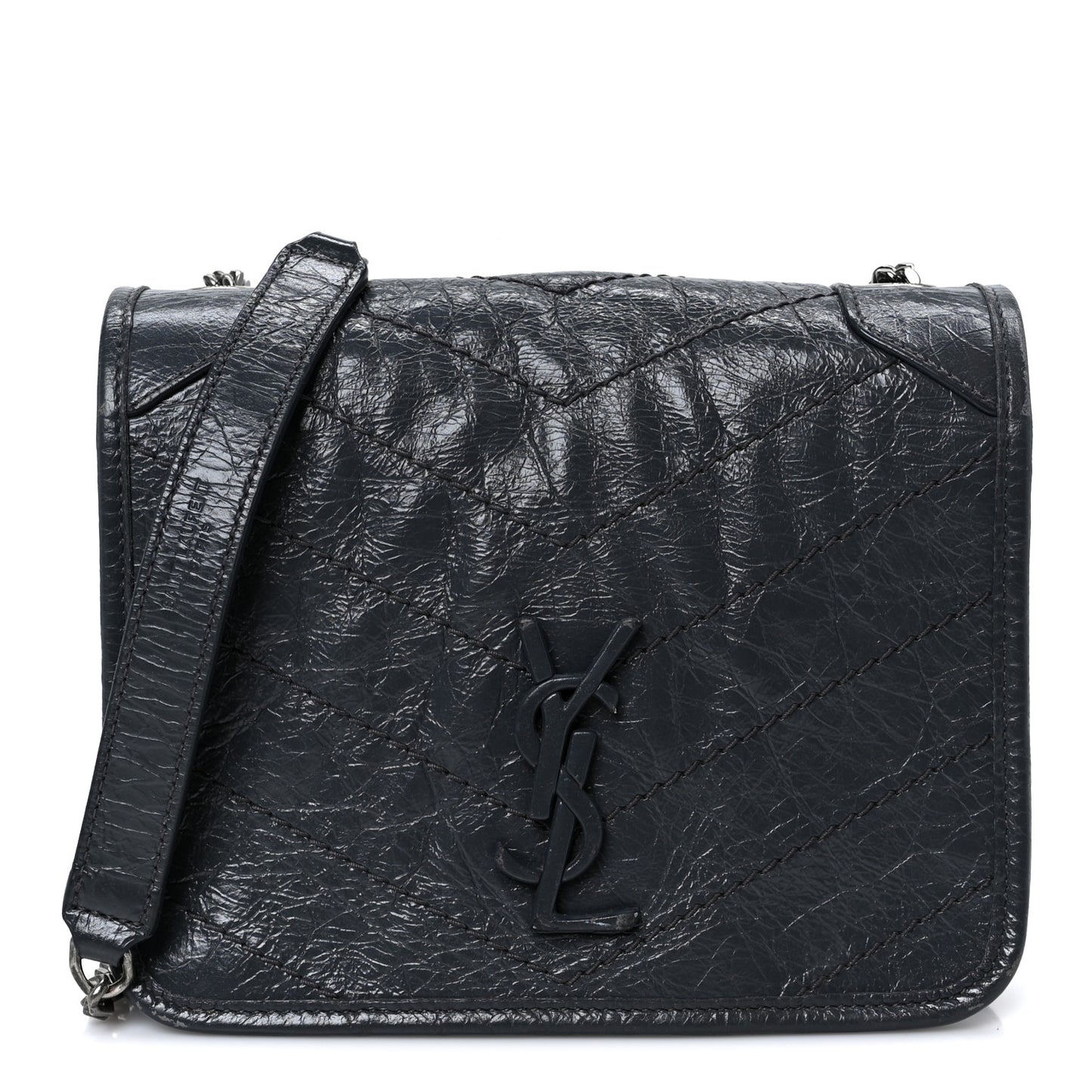 Crinkled Calfskin Matelasse Monogram Niki Chain Wallet Dark Smog