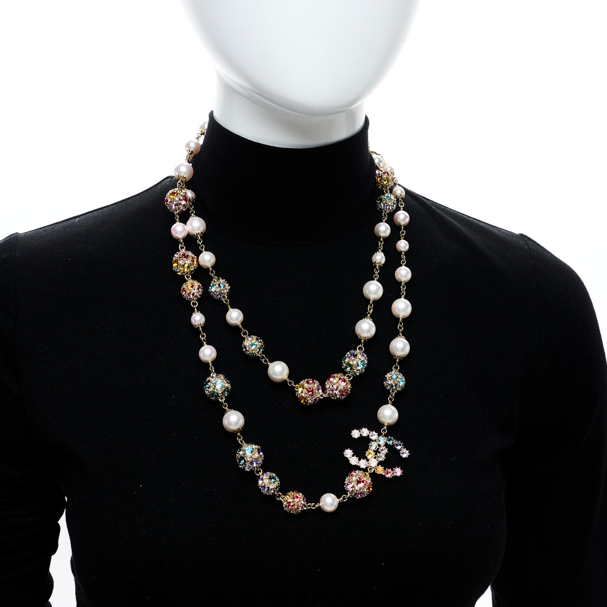 Pearl Crystal CC Long Strand Necklace Gold Multicolor