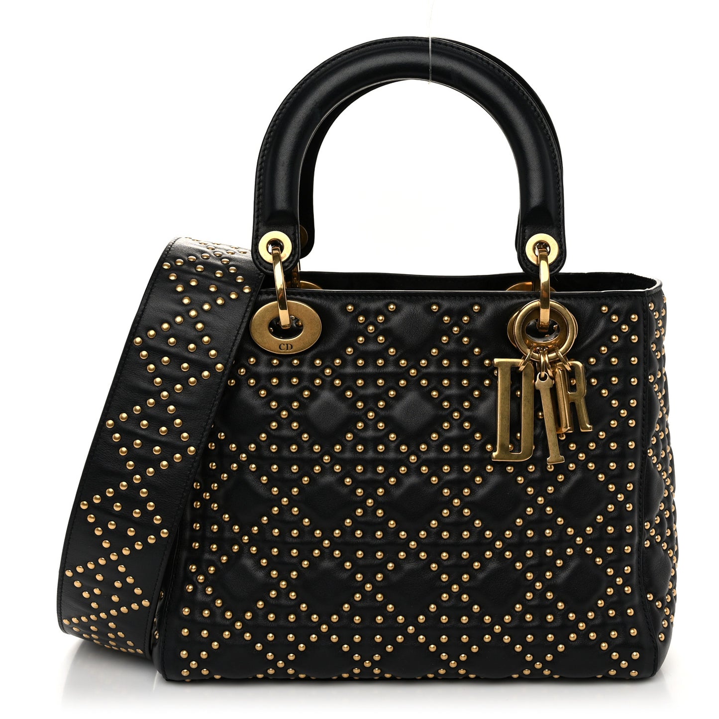 Calfskin Cannage Studded Medium Supple Lady Dior Black