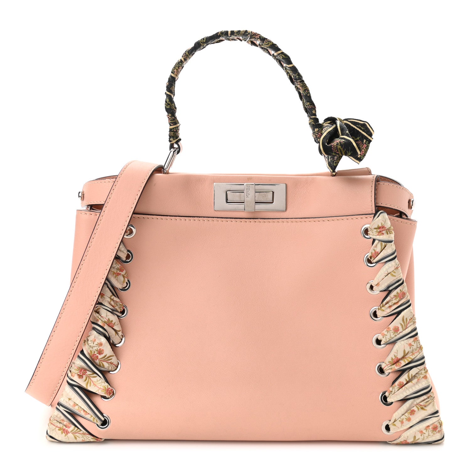 Fendi Vitello Seta Shiny Nappa Ribbon Lace Up Floral Medium Peekaboo Iconic Satchel Baby Pink Multicolor 1 of 12