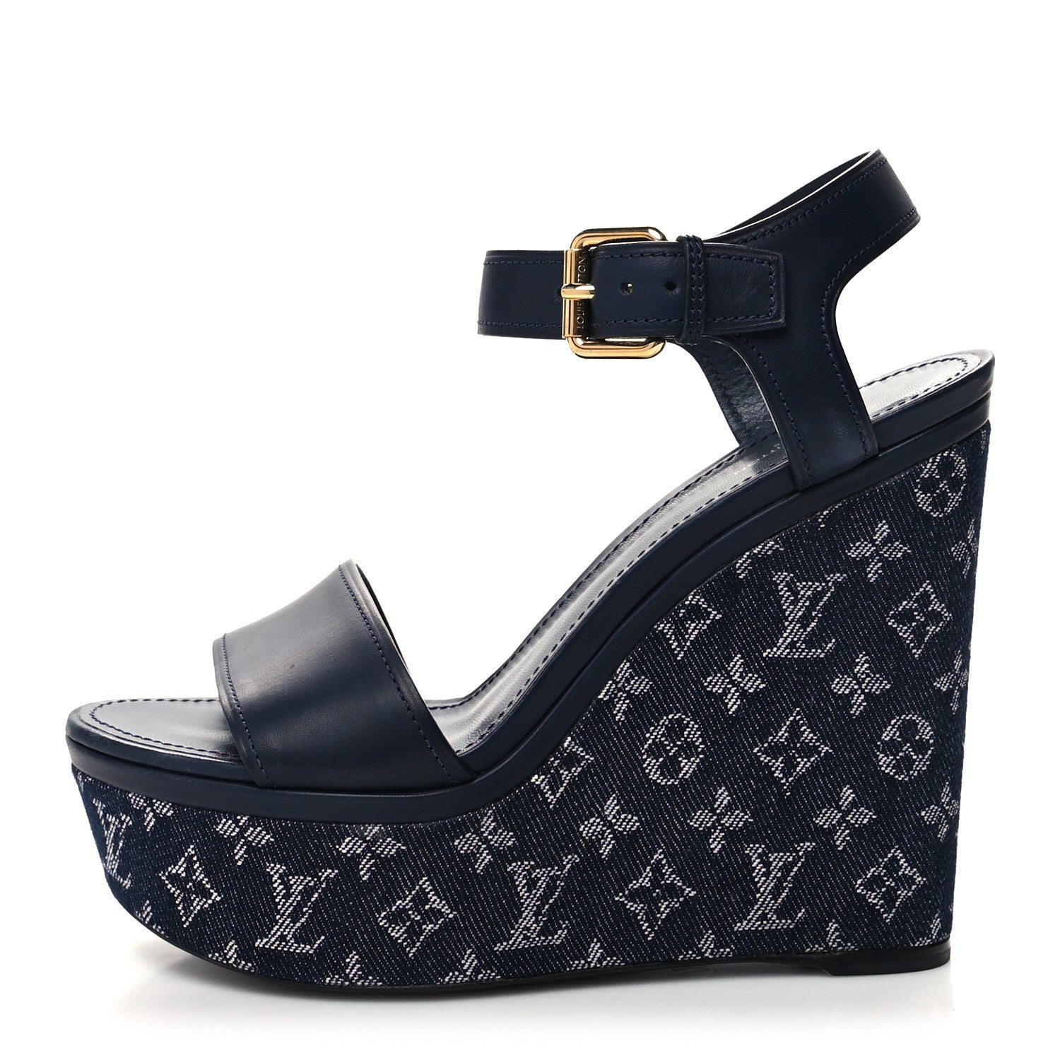 Louis Vuitton Calfskin Monogram Denim Waterfall Wedge Sandals 38 Blue 1 of 10