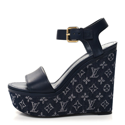 Louis Vuitton Calfskin Monogram Denim Waterfall Wedge Sandals 38 Blue 1 of 10