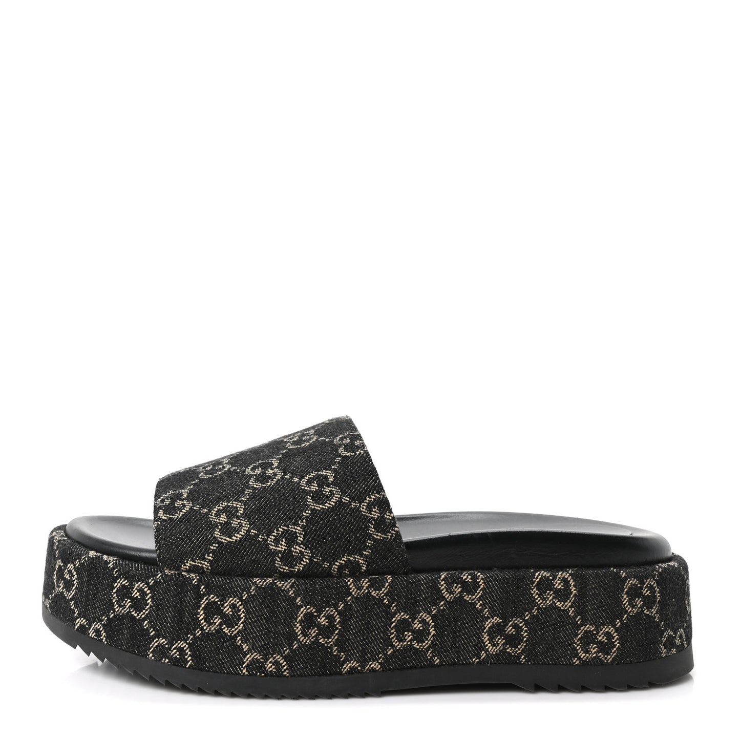 Jacquard Black Denim GG Monogram Angelina Platform 55mm Slide Sandals 39.5 Black Ivory