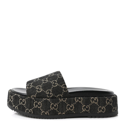 Gucci Jacquard Black Denim GG Monogram Angelina Platform 55mm Slide Sandals 39.5 Black Ivory 1 of 10