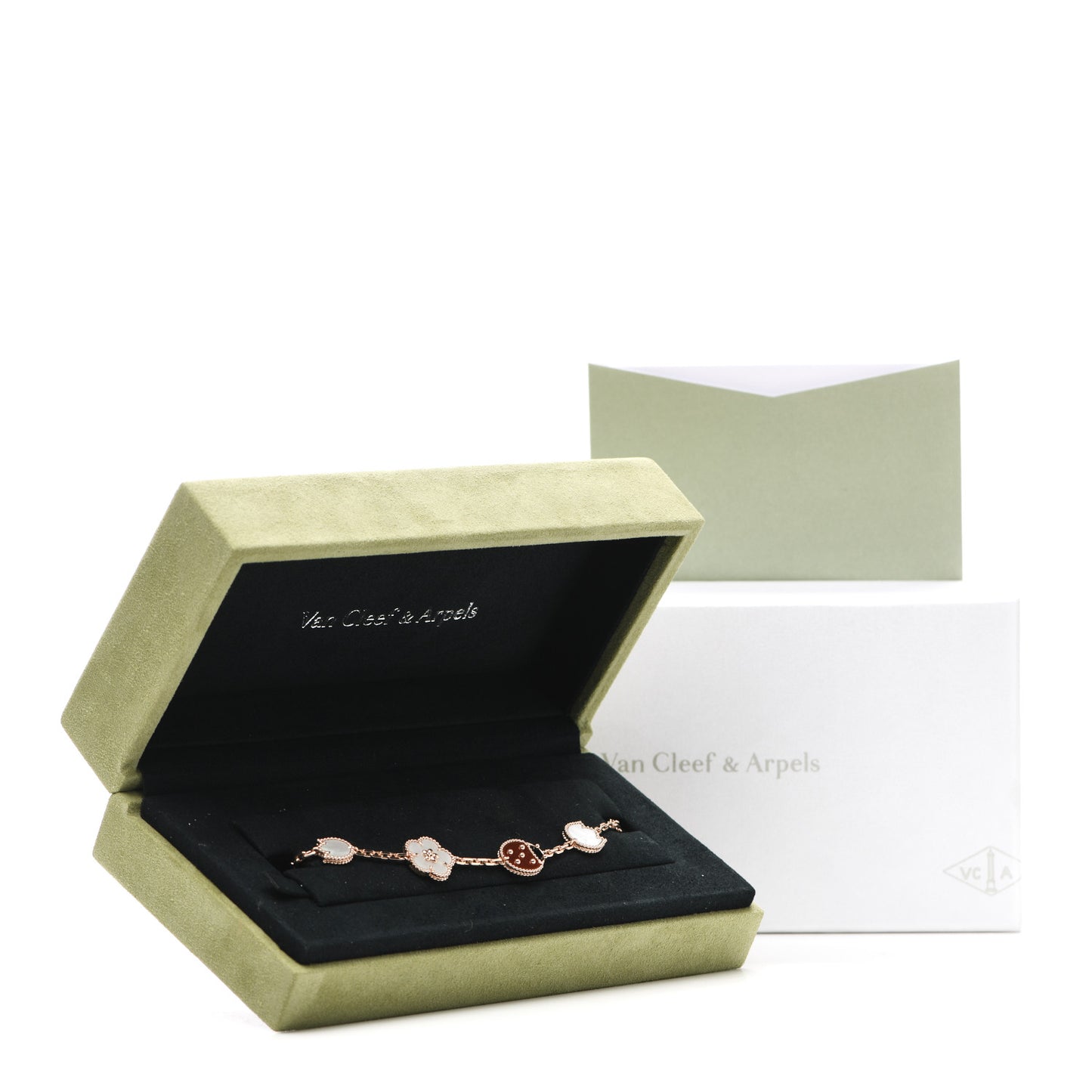 18K Rose Gold Carnelian Mother of Pearl Onyx 5 Motifs Lucky Spring Bracelet