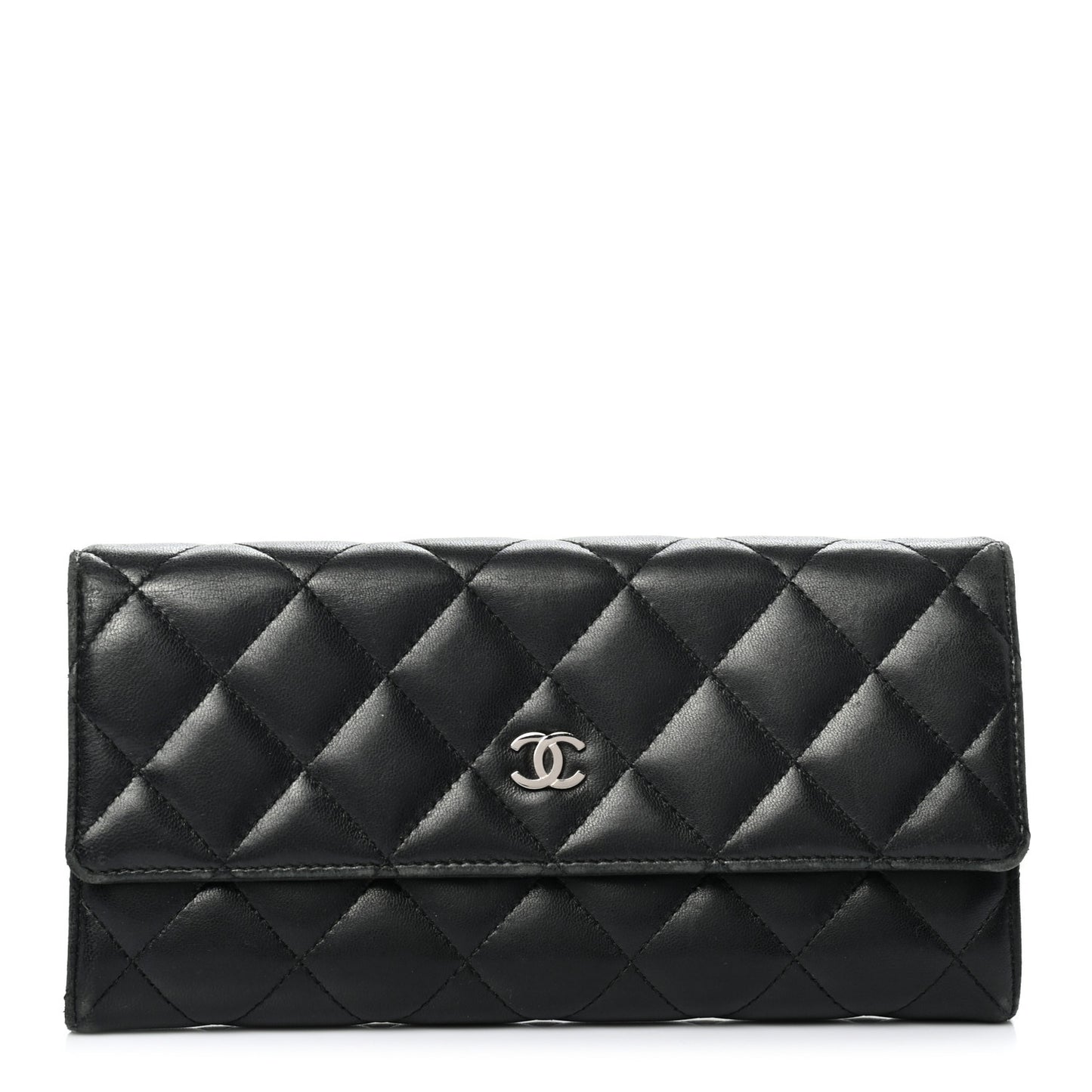 Lambskin Quilted Large Gusset Flap Wallet Black