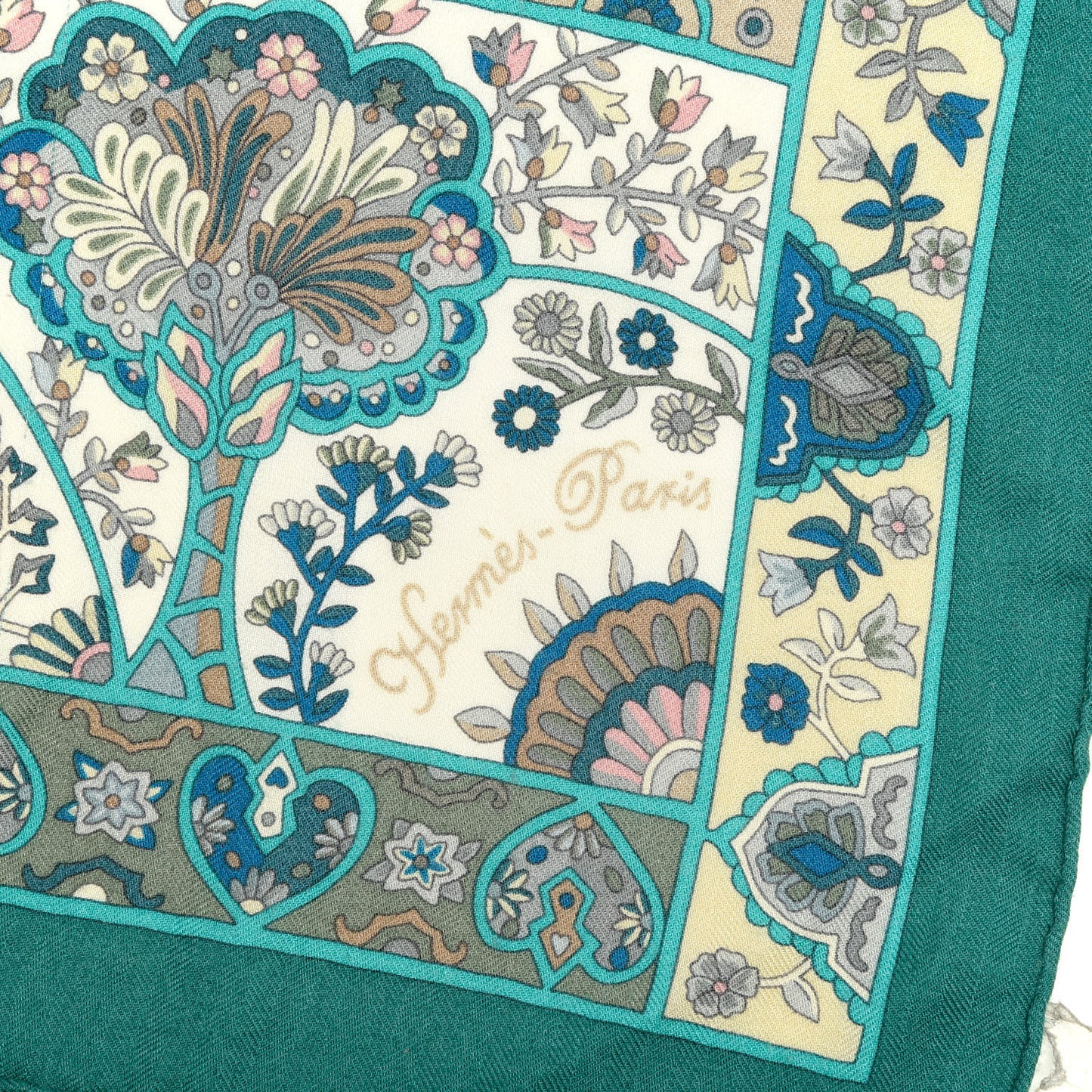 Cashmere Silk Au Pays Des Oiseaux Fleurs Shawl 140 Vert White Turquoise