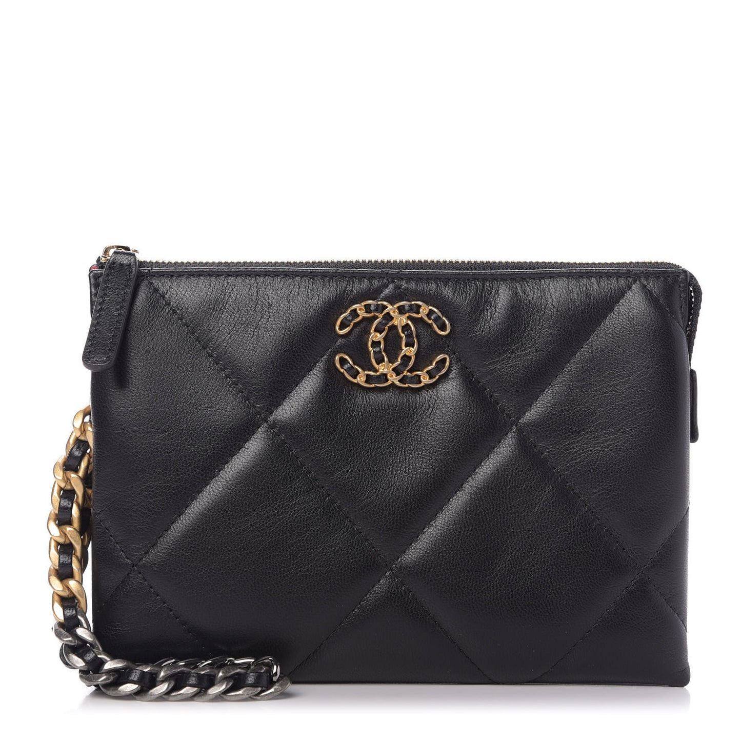 Shiny Goatskin Quilted Small Chanel 19 Pouch With Handle Black