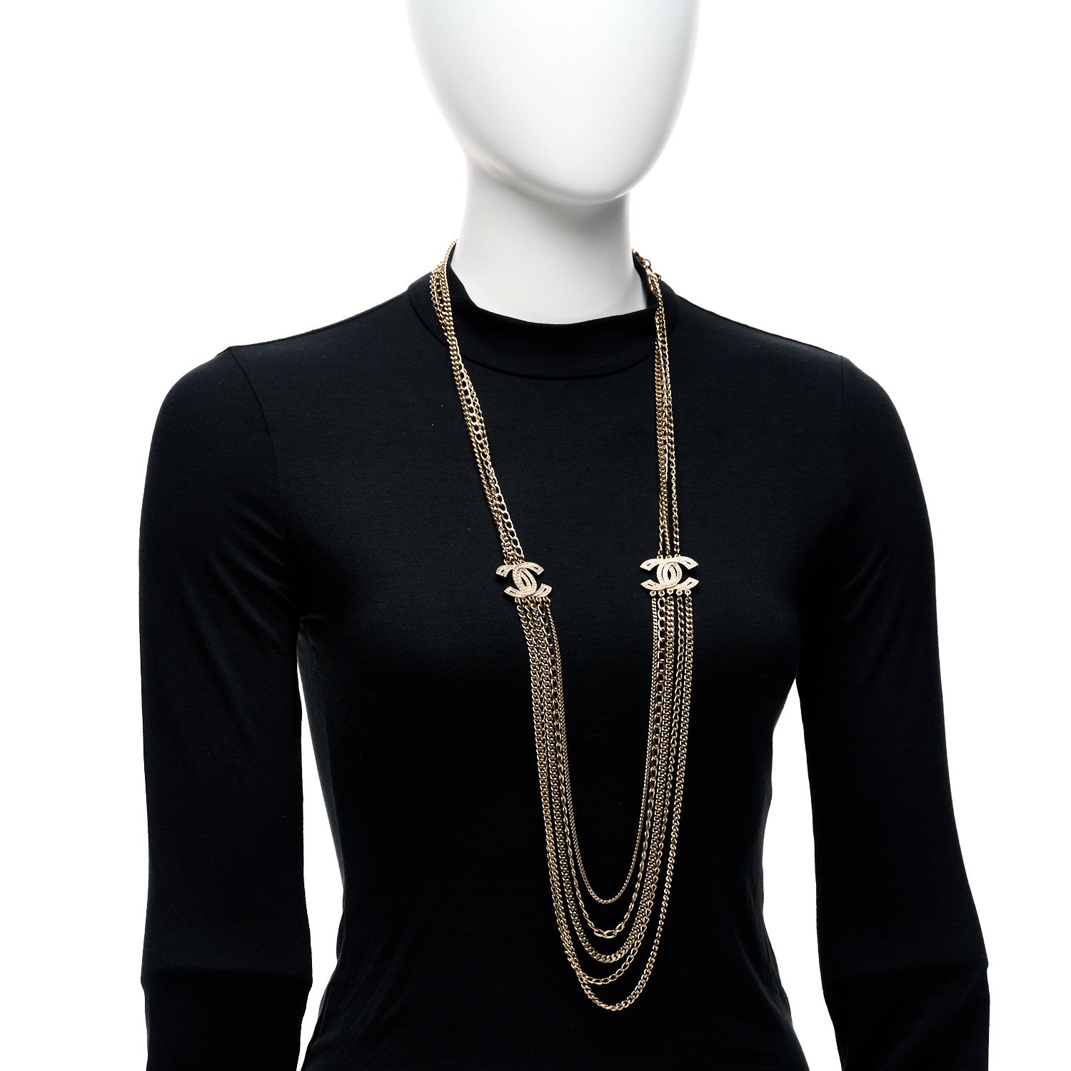 Chanel Multi Strand Chain Baguette Crystal CC Necklace Gold Gold 2 of 6