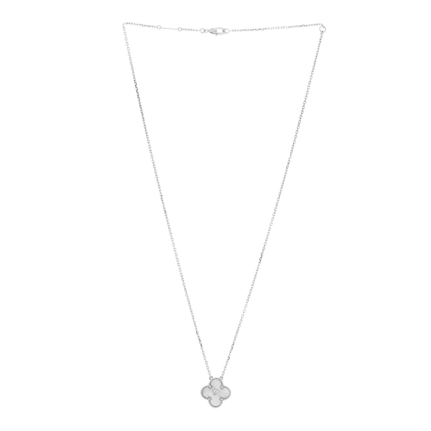 Van Cleef & Arpels 18K White Gold Diamond Guilloche Vintage Alhambra Pendant Necklace 3 of 6