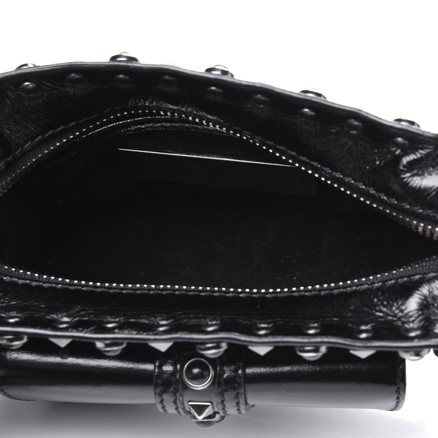 Craquele Calfskin Small Guitar Strap Rockstud Rolling Flap Pocket Shoulder Bag Black