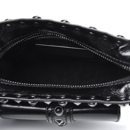 Valentino Garavani Craquele Calfskin Small Guitar Strap Rockstud Rolling Flap Pocket Shoulder Bag Black 4 of 14
