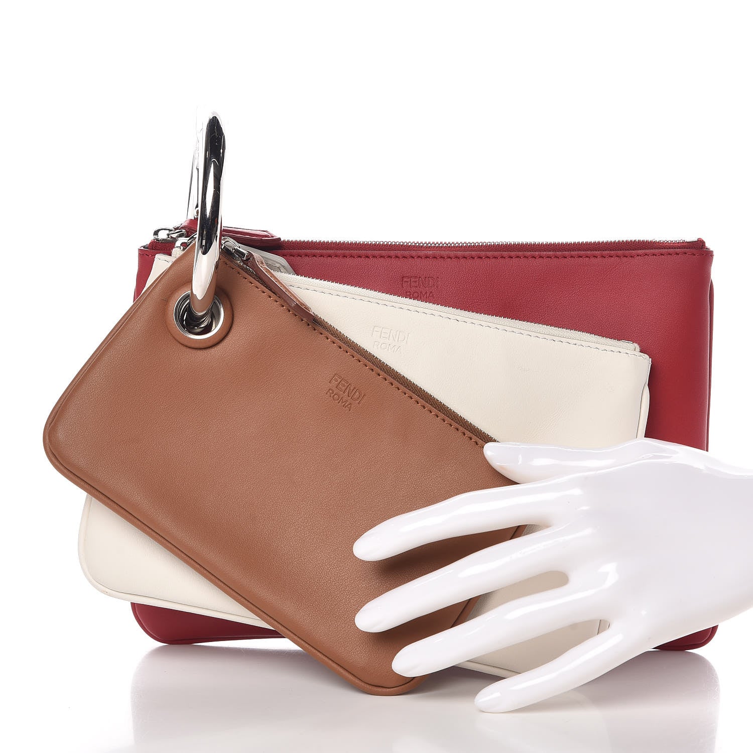 Fendi Vitello Century Opaco F is Fendi Tri-Color Triplette Pouch Set Corteccia White Ice Fragola 2 of 9