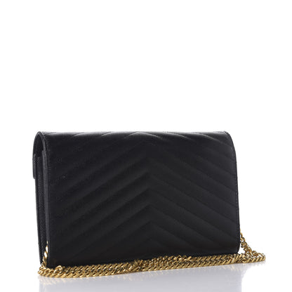 Saint Laurent Grain De Poudre Matelasse Chevron Monogram Chain Wallet Black 2 of 9