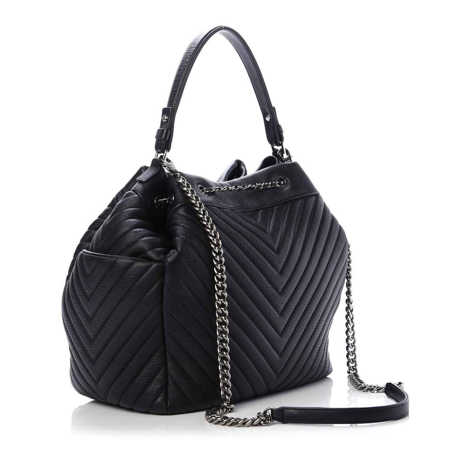 Deerskin Chevron Large CC Chain Bucket Drawstring Bag Black