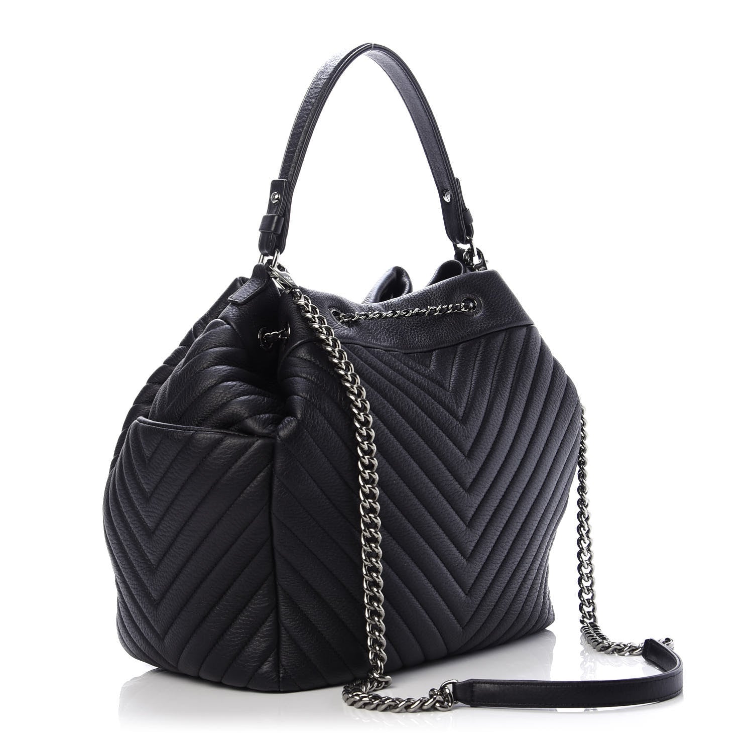 Chanel Deerskin Chevron Large CC Chain Bucket Drawstring Bag Black 4 of 12