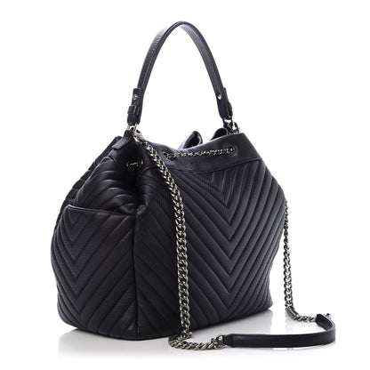 Chanel Deerskin Chevron Large CC Chain Bucket Drawstring Bag Black 4 of 12