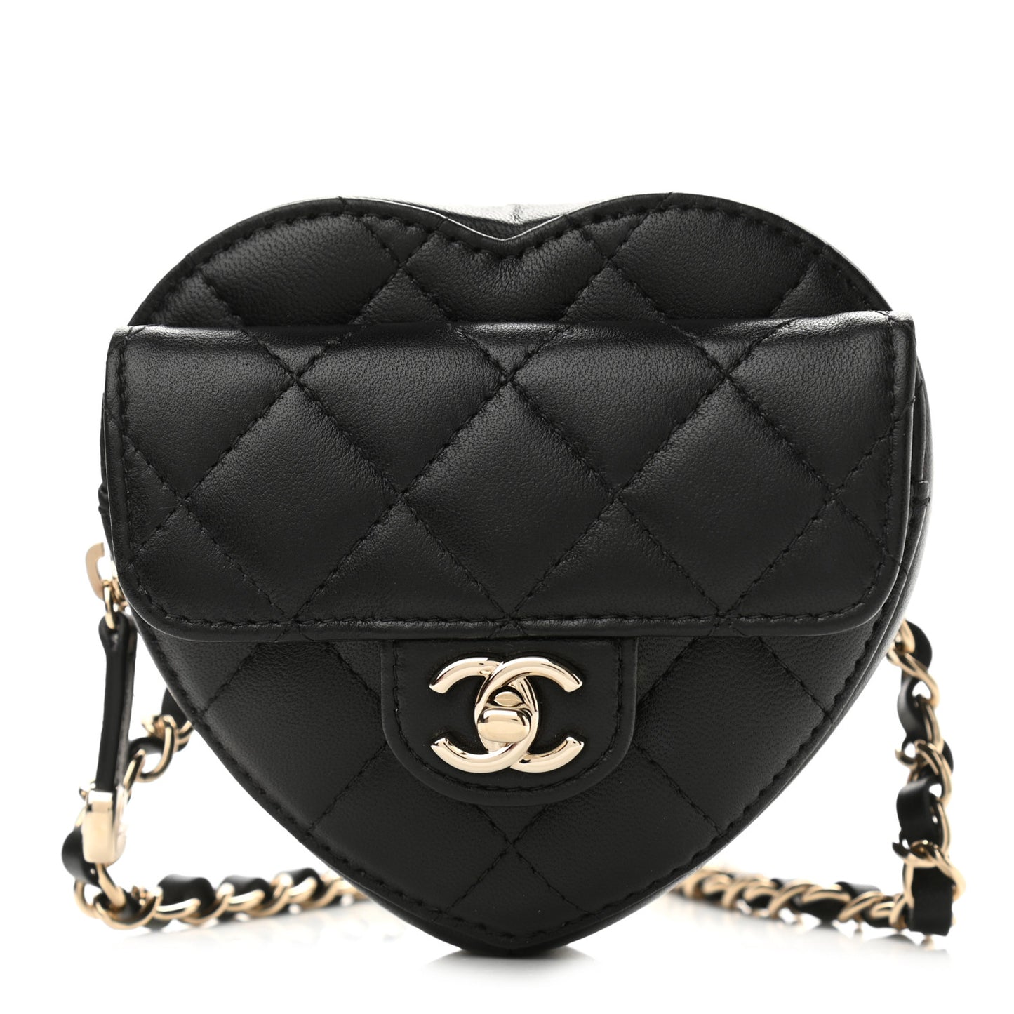 Lambskin Quilted CC In Love Heart Waist Belt Bag With Chain Black