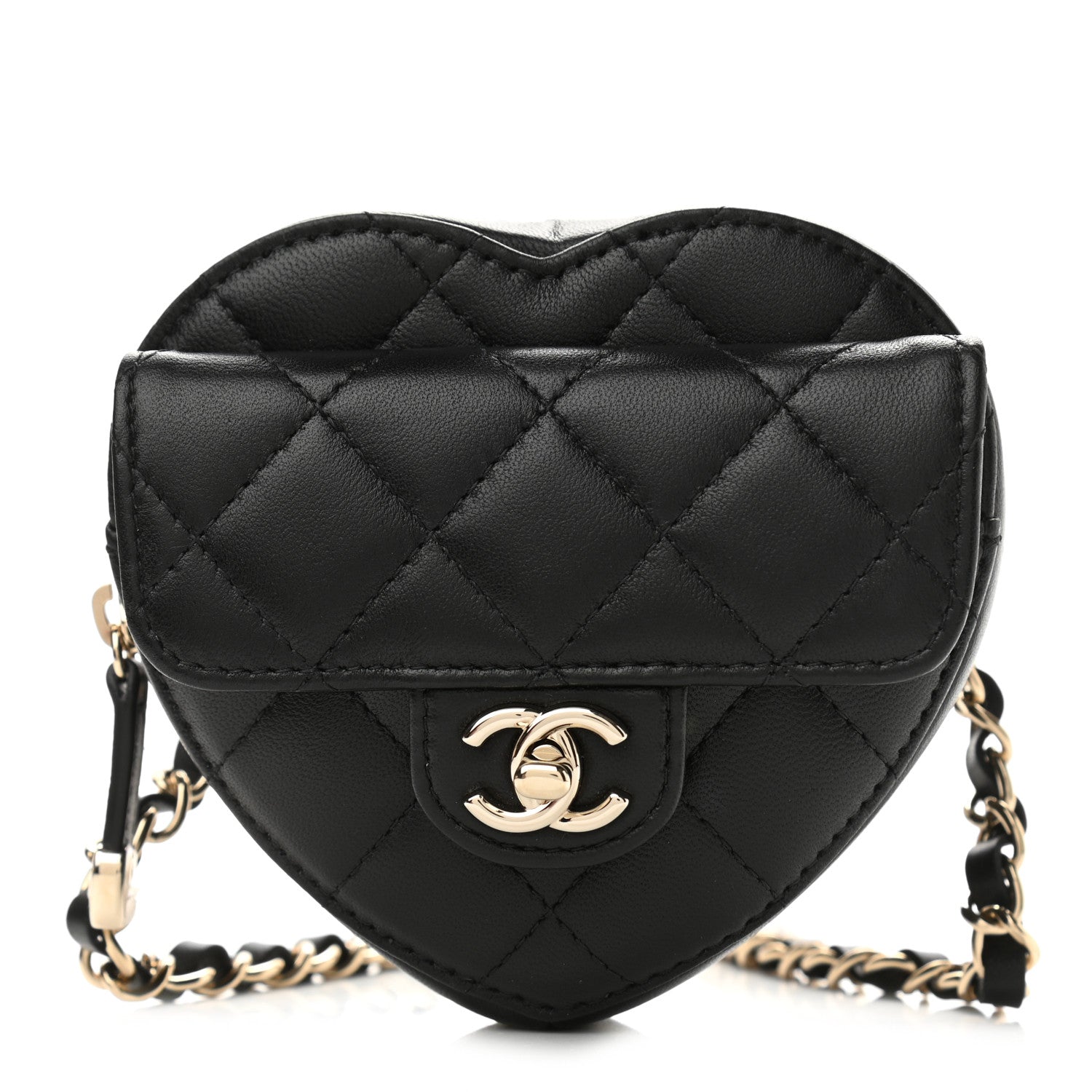 Chanel Lambskin Quilted CC In Love Heart Waist Belt Bag With Chain Black 1 of 10