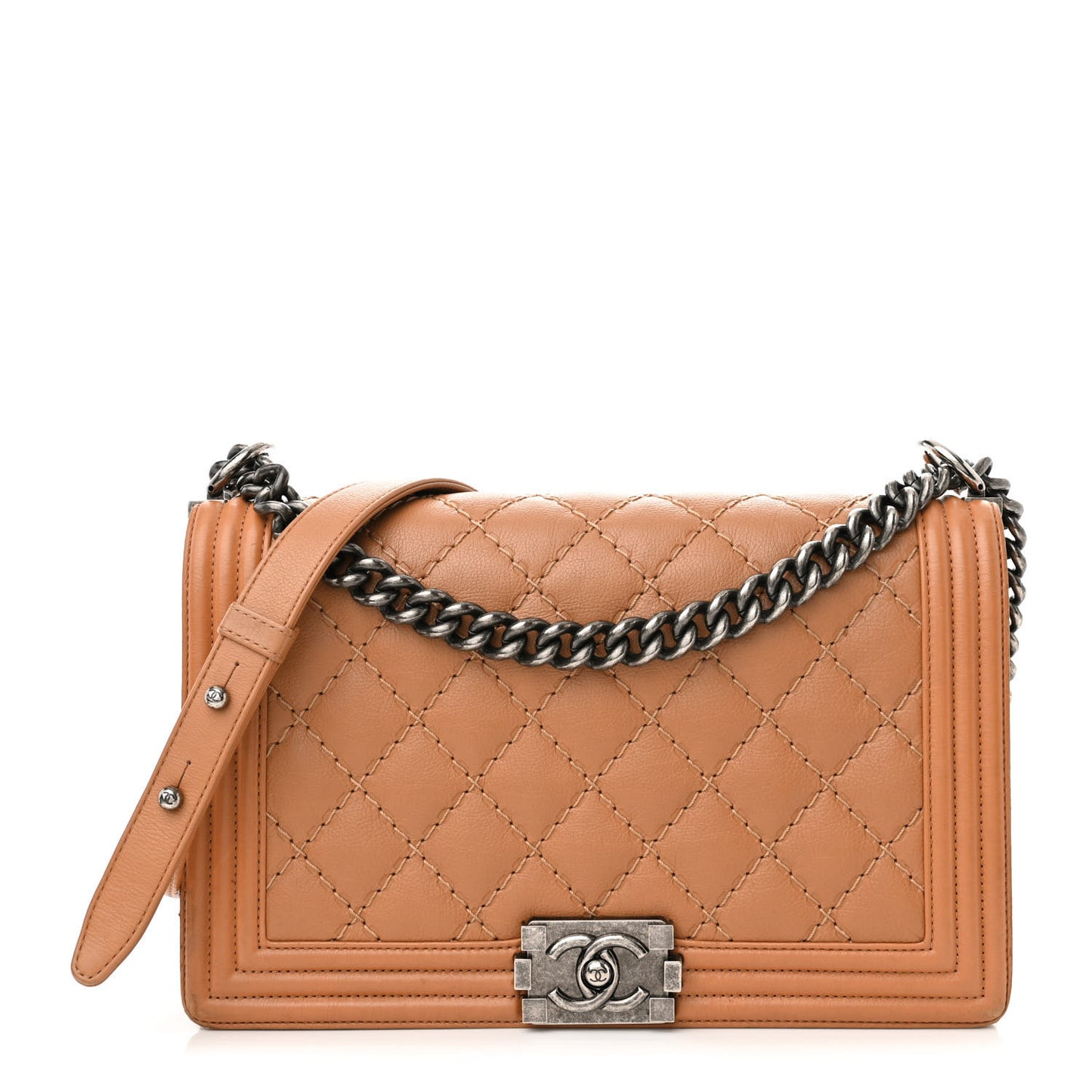 Calfskin Quilted Double Stitch New Medium Boy Flap Camel