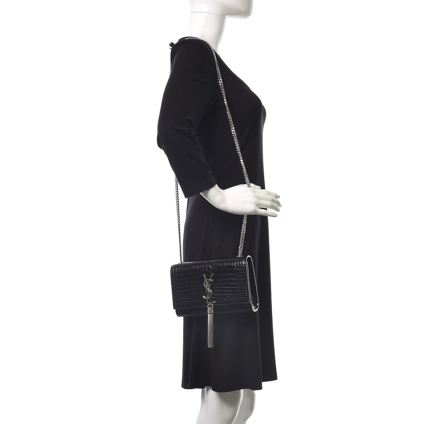 Calfskin Crocodile Embossed Small Classic Monogram Kate Tassel Satchel Black
