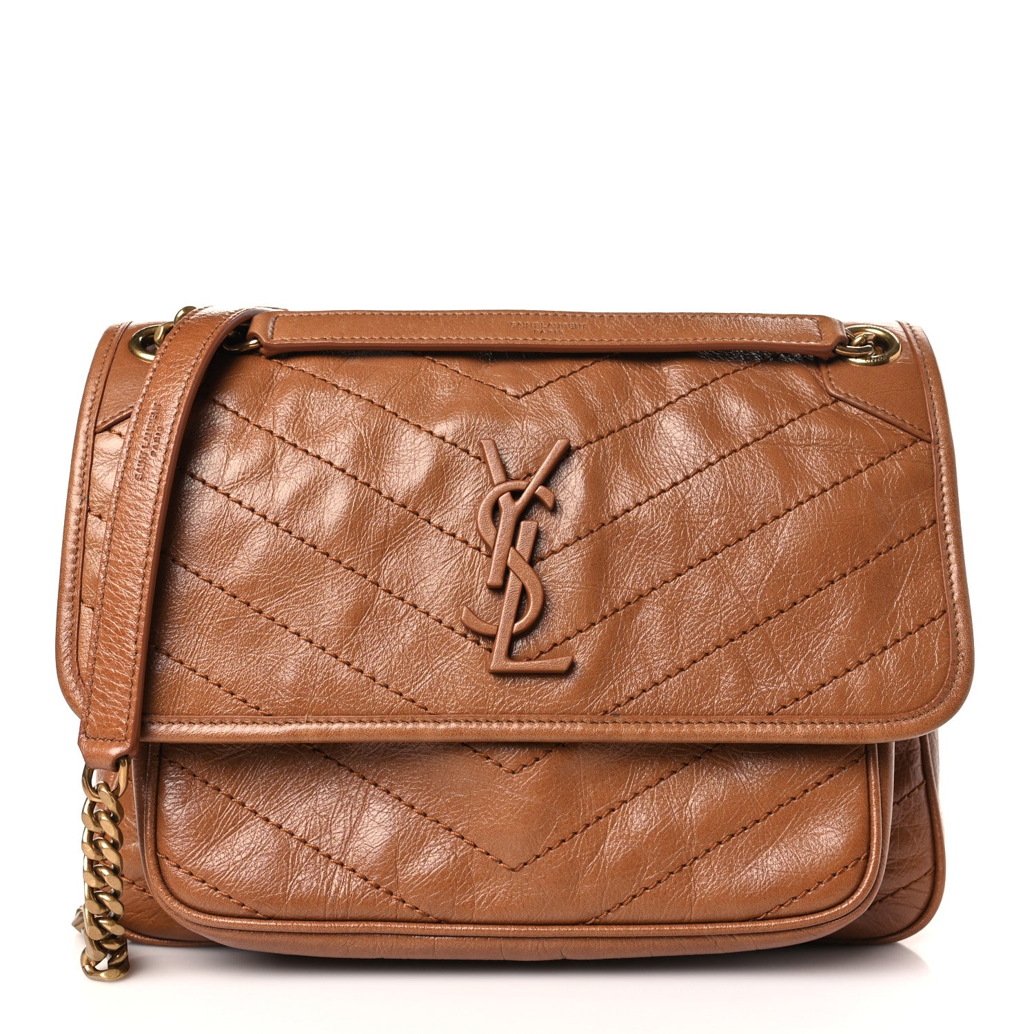 Saint Laurent Crinkled Calfskin Matelasse Monogram Medium Niki Chain Satchel Light Caramel 1 of 8