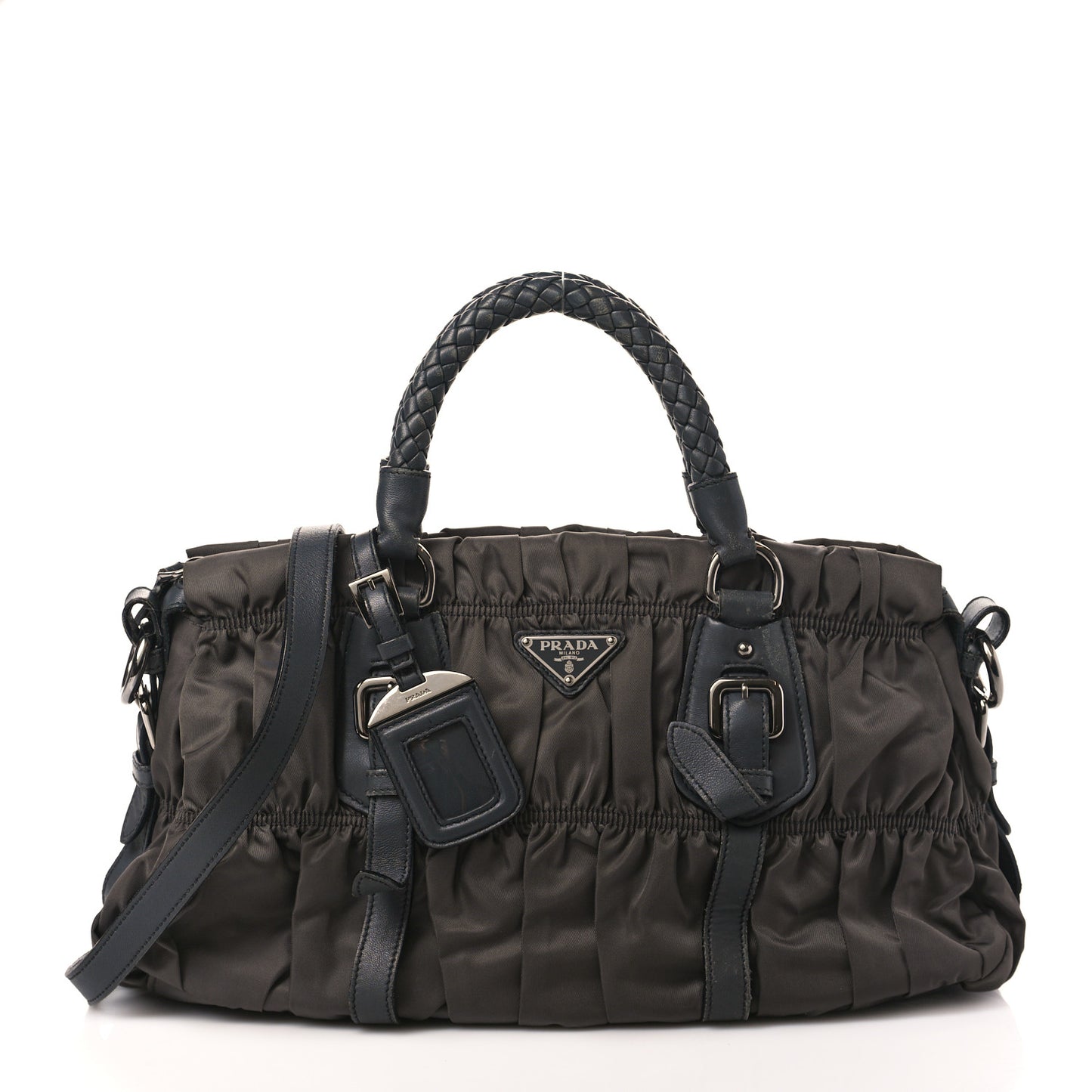 Tessuto Nylon Nappa Braided Gaufre Shopping Satchel Grey