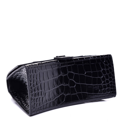 Balenciaga Shiny Calfskin Monochrome Crocodile Embossed Small Hourglass Top Handle Bag Black 4 of 9