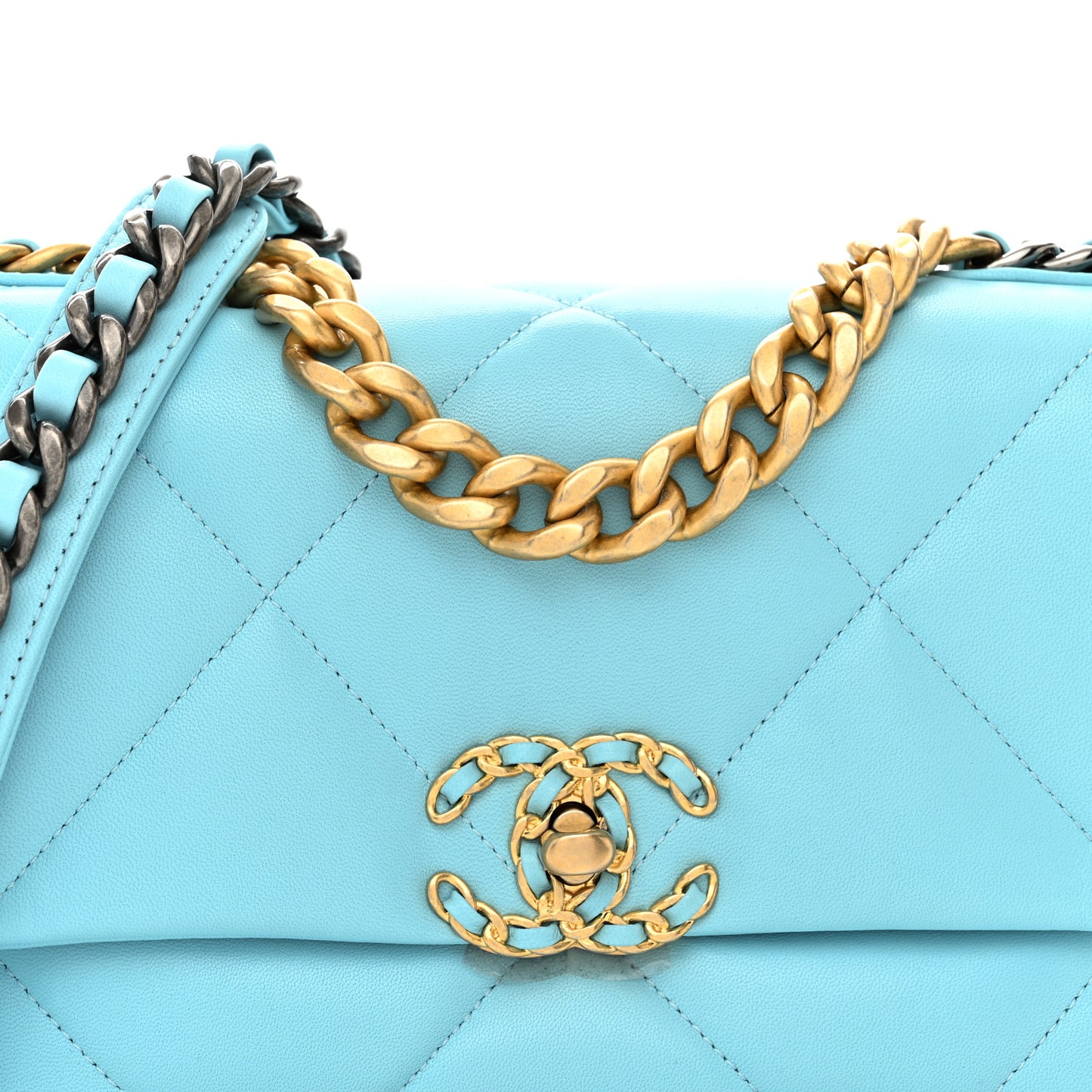 Shiny Lambskin Quilted Medium Chanel 19 Flap Light Blue