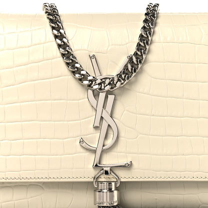 Saint Laurent Calfskin Crocodile Embossed Small Classic Monogram Kate Tassel Satchel Blanc Vintage 7 of 10