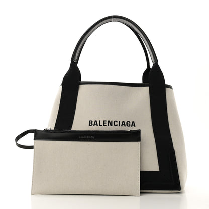 Balenciaga Cotton Canvas Satin Calfskin S Navy Cabas Natural Black 2 of 10
