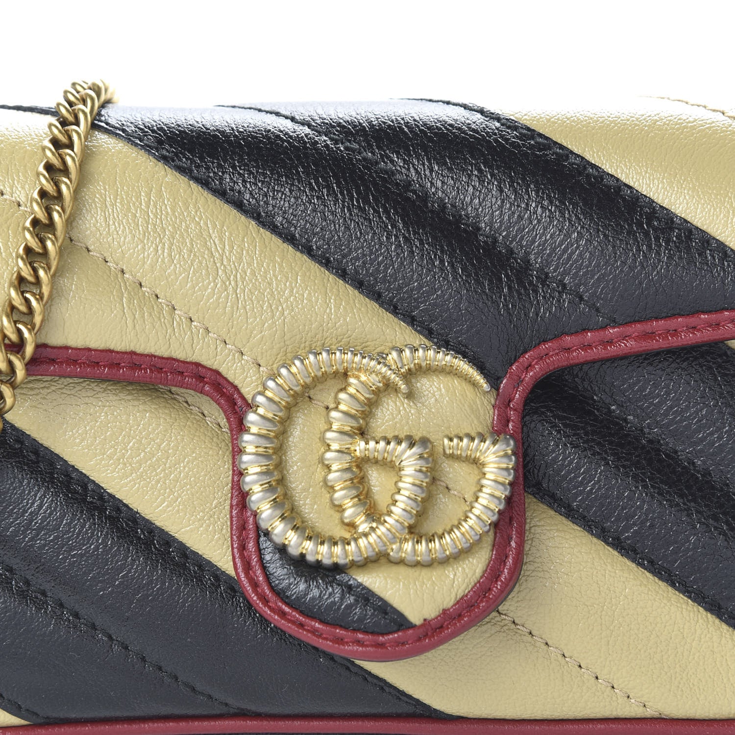 Gucci Vintage Effect Calfskin Matelasse Diagonal Striped Super Mini Torchon GG Marmont Shoulder Bag Black Beige 9 of 10