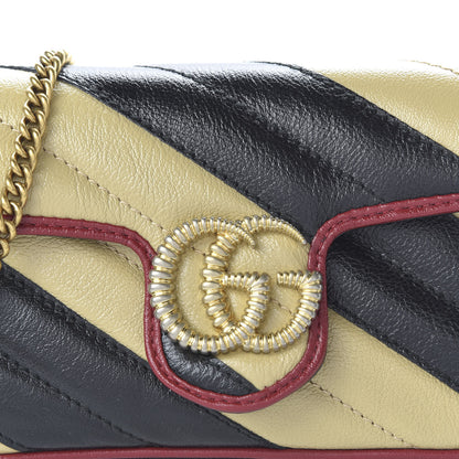Gucci Vintage Effect Calfskin Matelasse Diagonal Striped Super Mini Torchon GG Marmont Shoulder Bag Black Beige 9 of 10