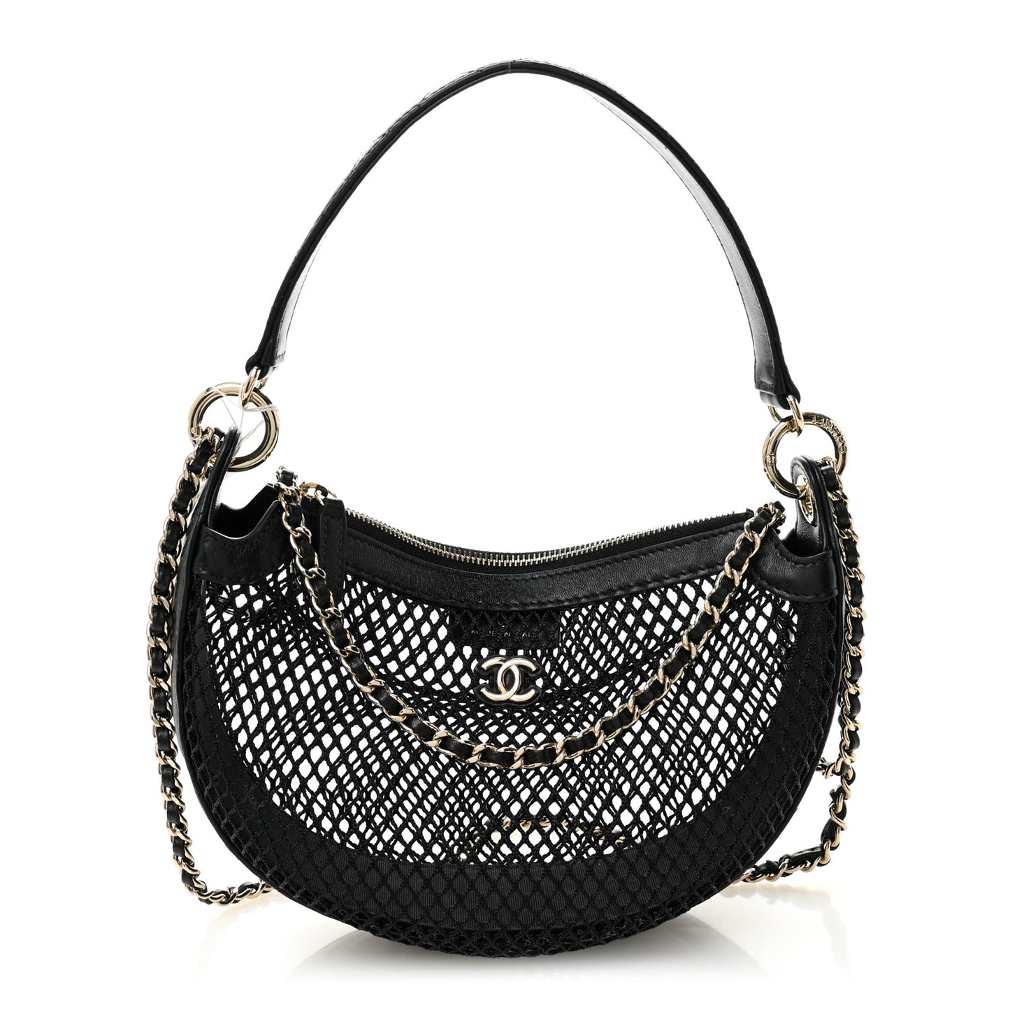 Mesh Shiny Lambskin Chain Hobo Black