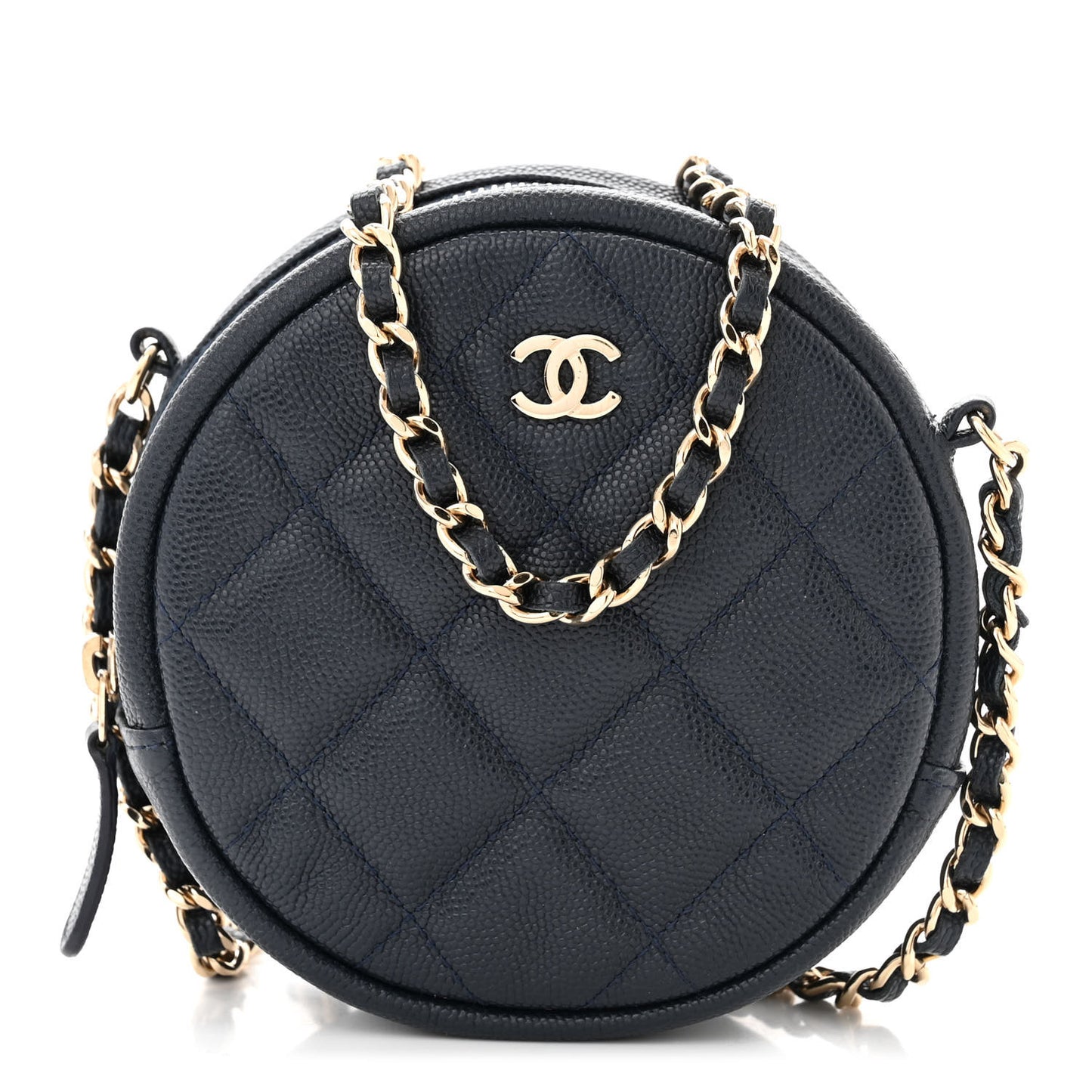Caviar Quilted Round Clutch With Chain Navy