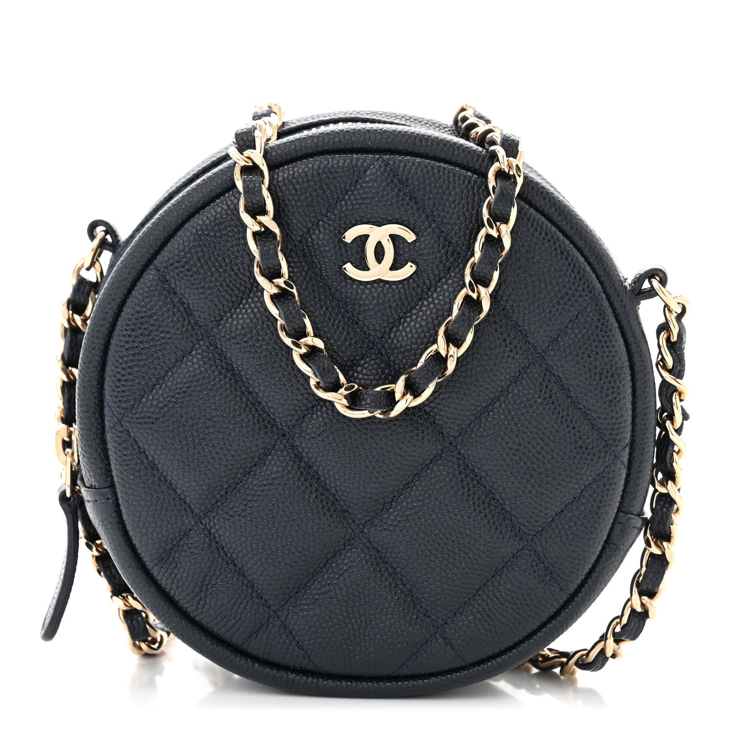 Chanel Caviar Quilted Round Clutch With Chain Navy 1 of 10