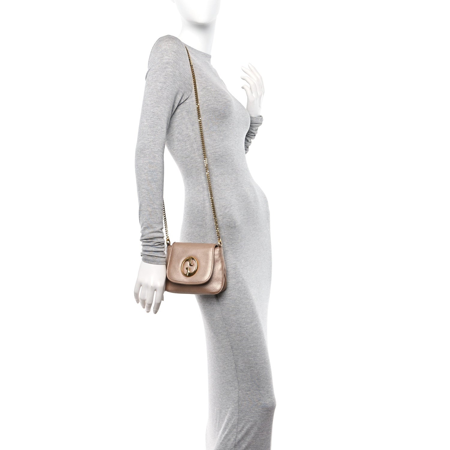 Gucci Pebbled Calfskin Small 1973 Chain Shoulder Bag Champagne 2 of 12