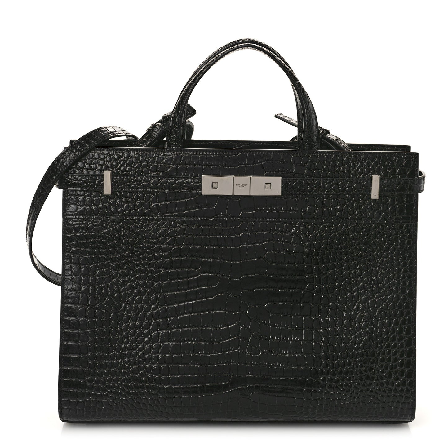 Shiny Calfskin Crocodile Embossed Small Manhattan Shopper Tote Black