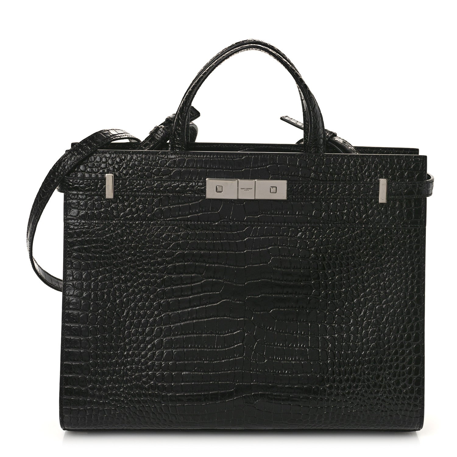 Saint Laurent Shiny Calfskin Crocodile Embossed Small Manhattan Shopper Tote Black 1 of 7