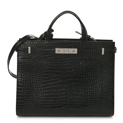Saint Laurent Shiny Calfskin Crocodile Embossed Small Manhattan Shopper Tote Black 1 of 7