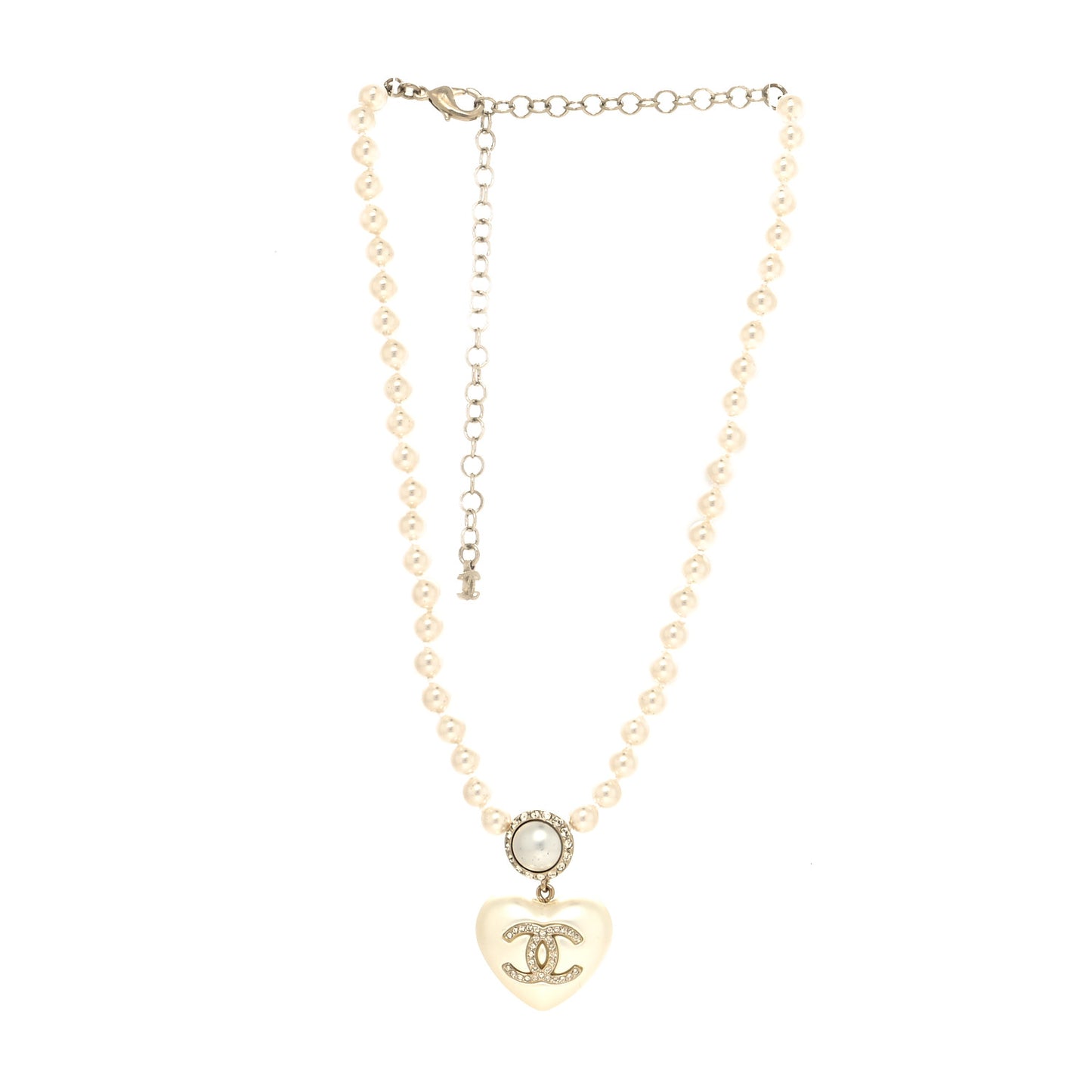 Pearl Crystal CC Heart Short Necklace Pearly White Gold