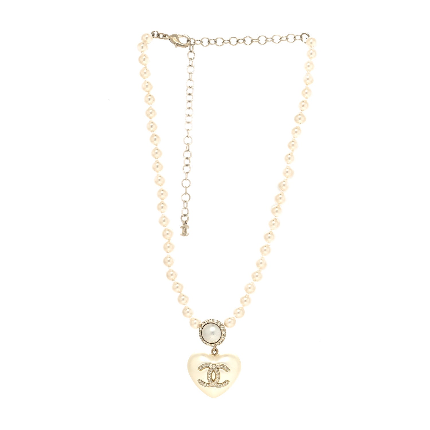 Chanel Pearl Crystal CC Heart Short Necklace Pearly White Gold 3 of 5